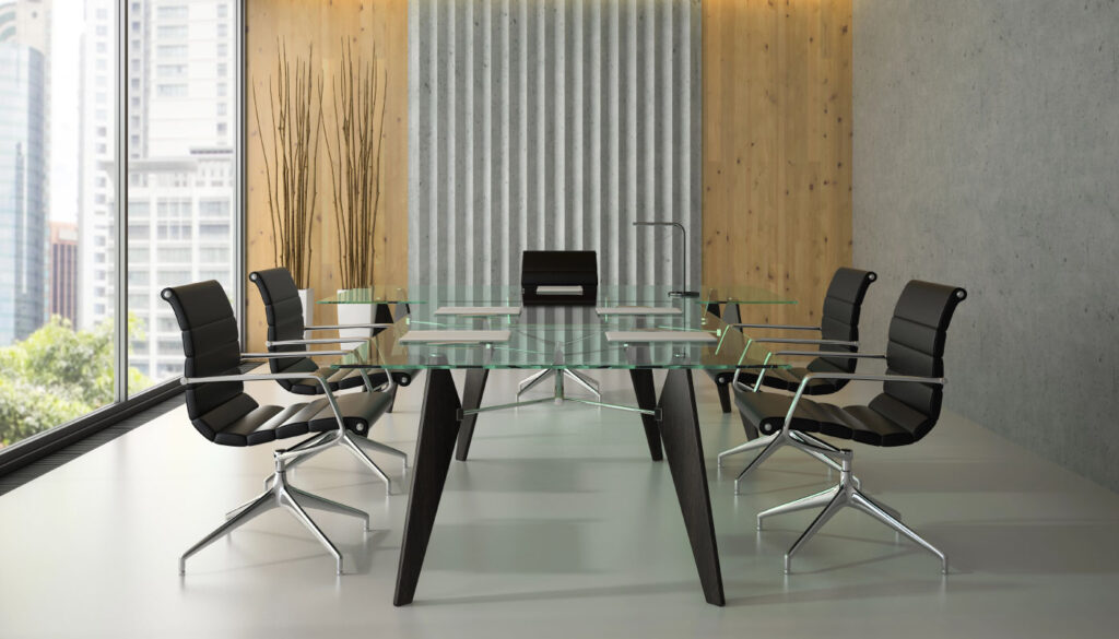 a glass table with chairs in a room